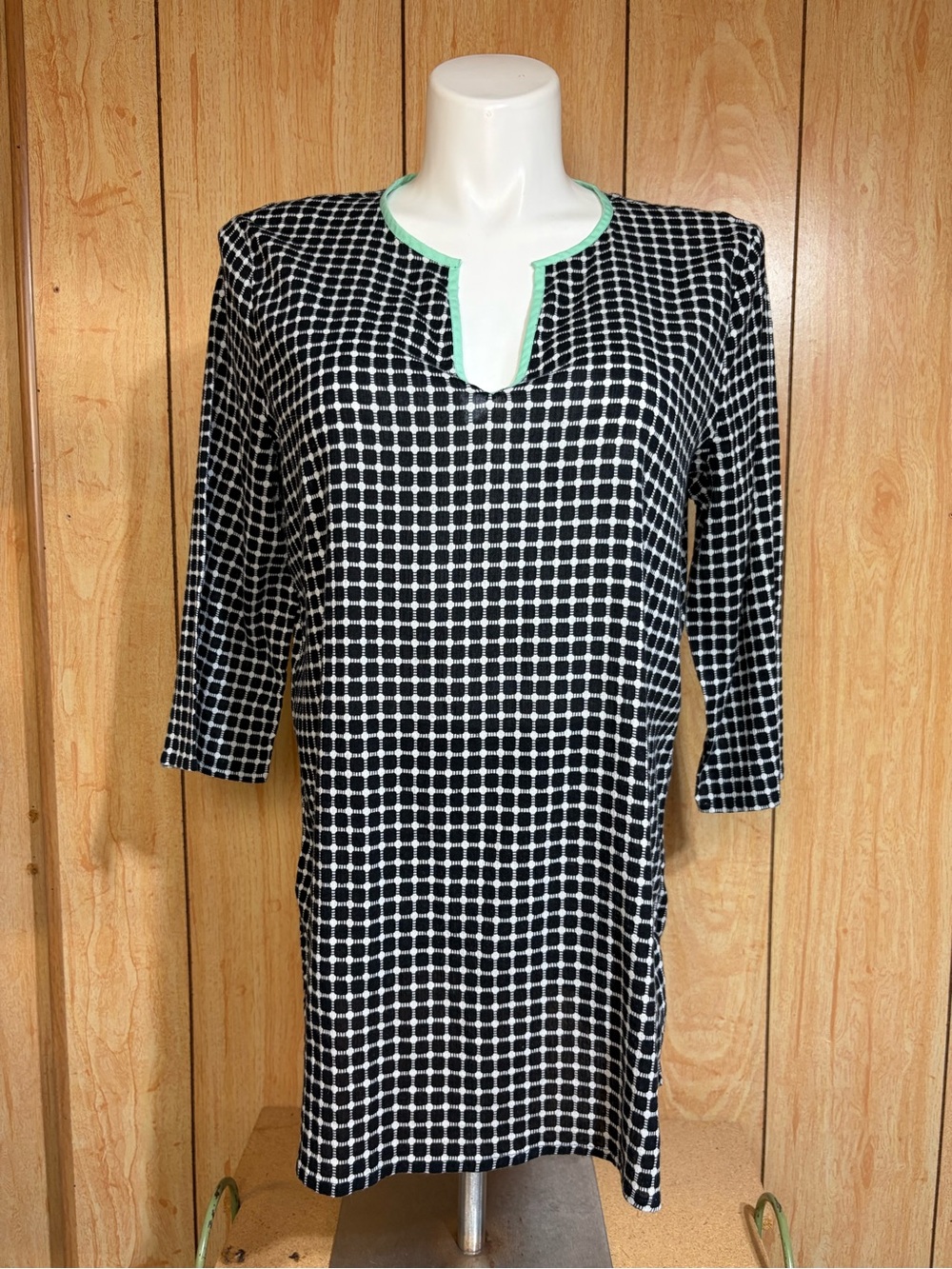 J. Crew Black and White Geometric Top with Mint Trim SZ - XL